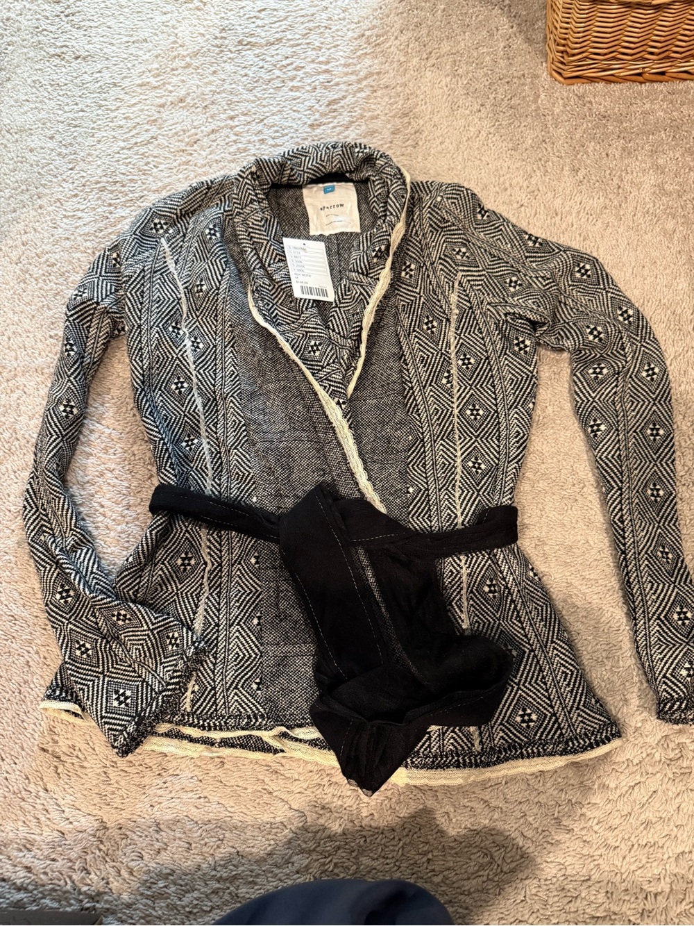 sparrow (Anthropologie)  Black and Cream Patterned Knit Shawl Cardigan with Belt
